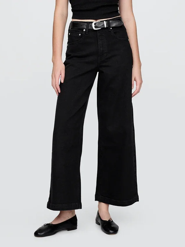 Jeans met hoge taille, wijde pijpen en enkellengte