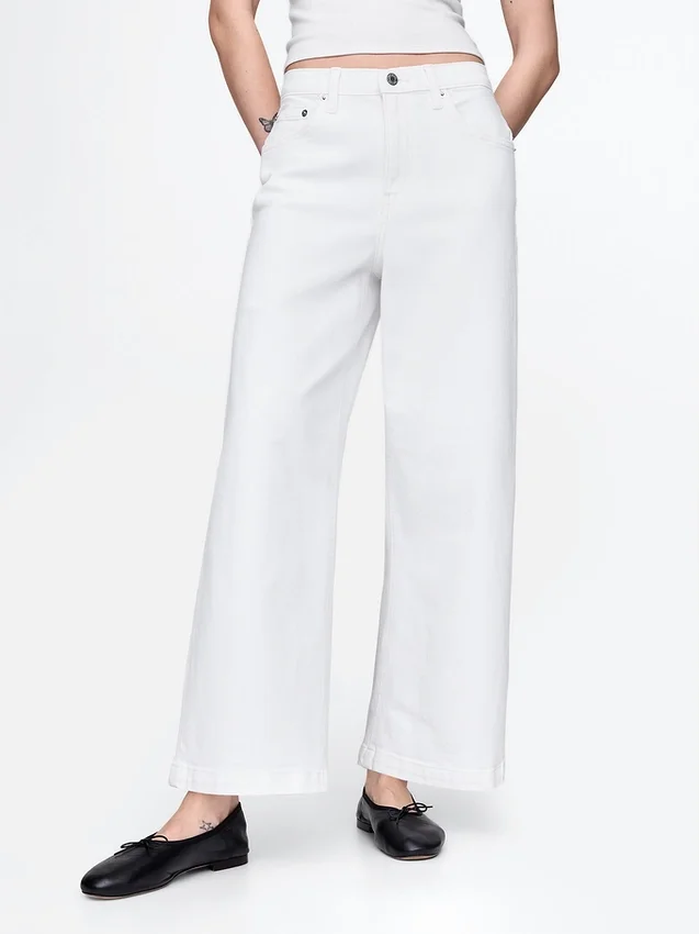 Jeans met hoge taille, wijde pijpen en enkellengte