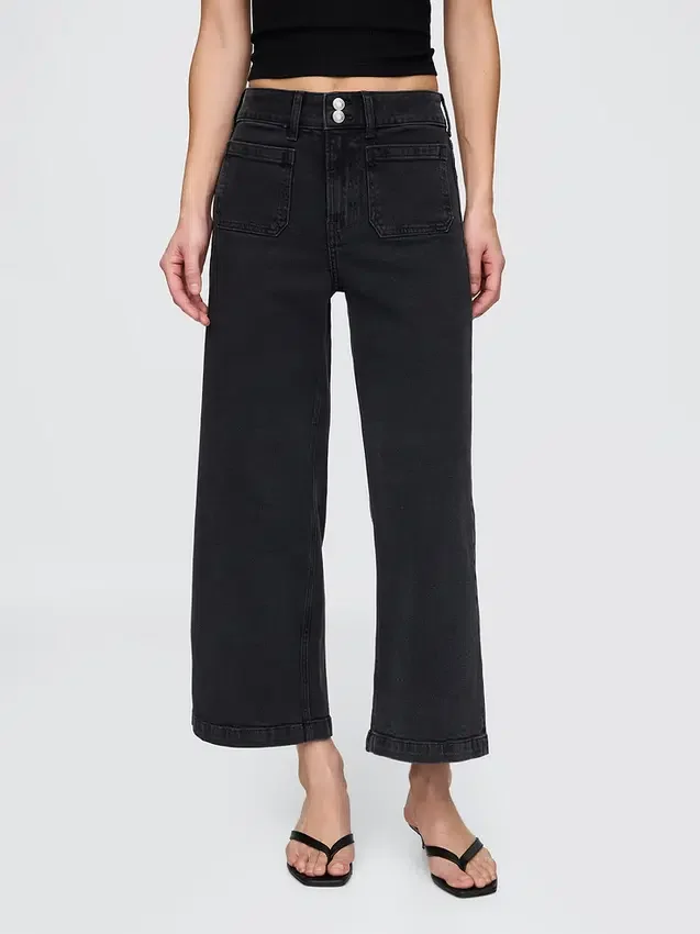 Jeans met hoge taille, wijde pijpen en enkellengte