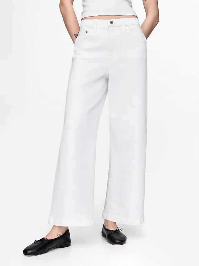 Jeans met hoge taille, wijde pijpen en enkellengte