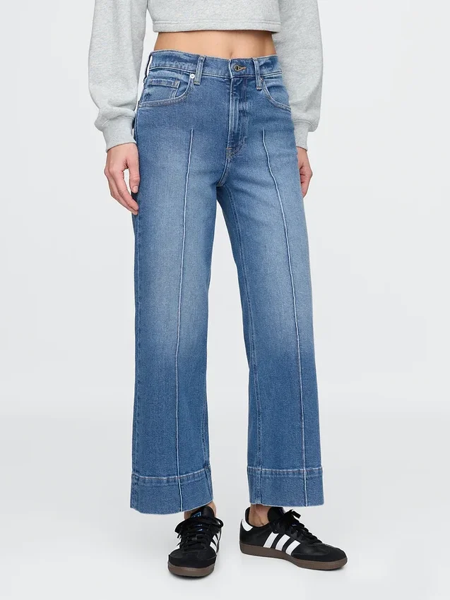Jeans met hoge taille, wijde pijpen en enkellengte