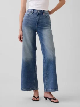 Jeans met hoge taille, wijde pijpen en enkellengte