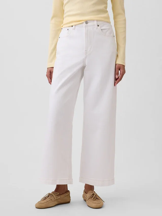 Jeans met hoge taille, wijde pijpen en enkellengte