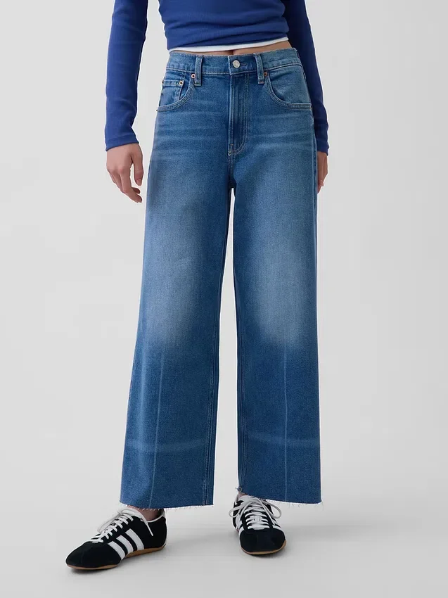 Jeans met hoge taille, wijde pijpen en enkellengte