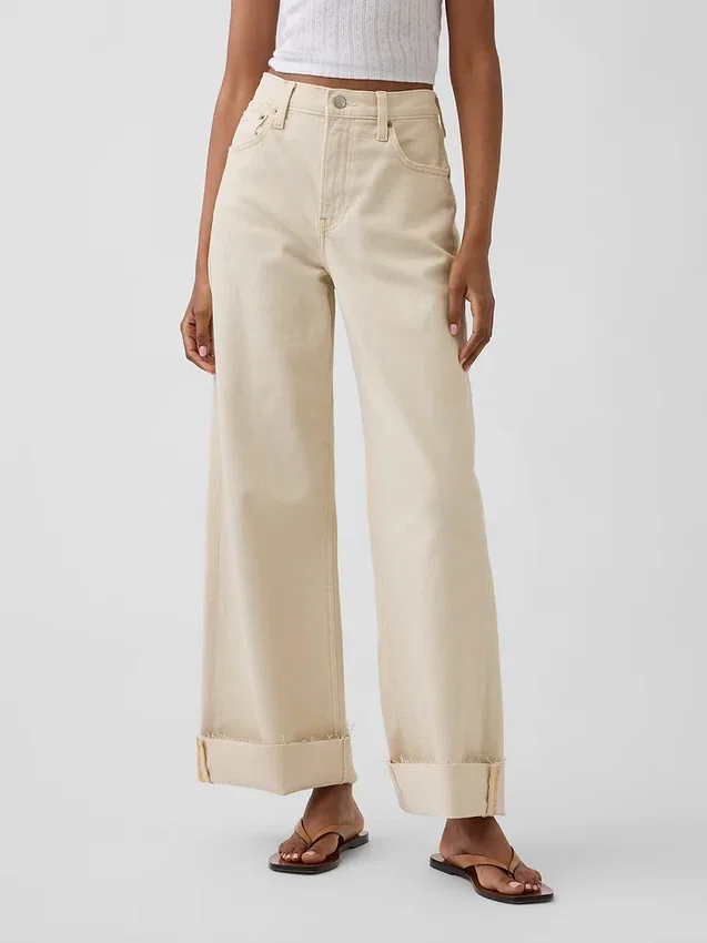 Jeans met hoge taille, wijde pijpen en enkellengte