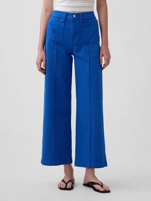 Jeans met hoge taille, wijde pijpen en enkellengte