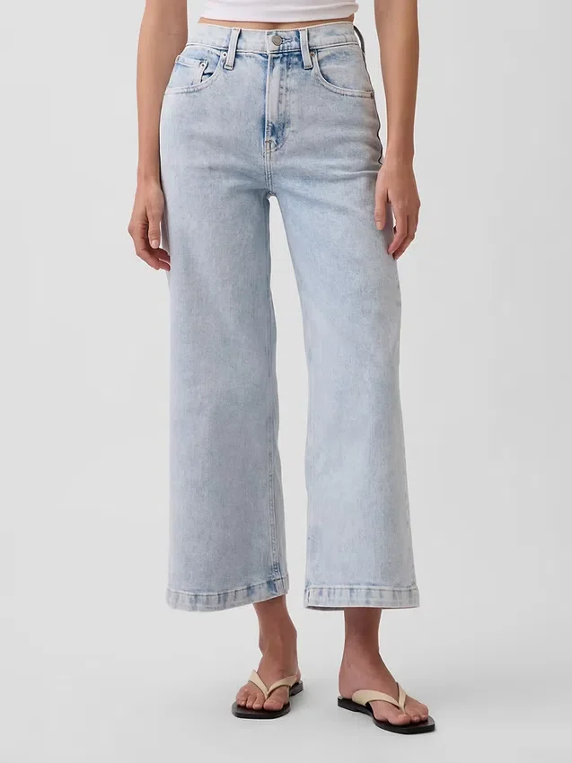 Jeans met hoge taille, wijde pijpen en enkellengte