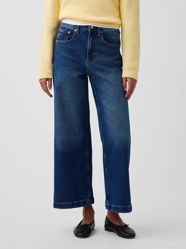 Jeans met hoge taille, wijde pijpen en enkellengte