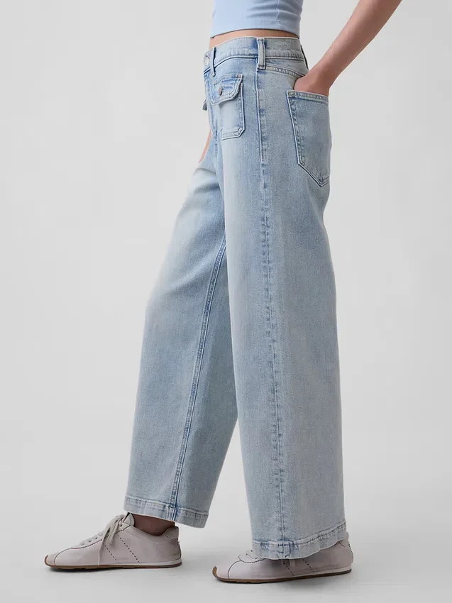 Jeans met hoge taille, wijde pijpen en enkellengte
