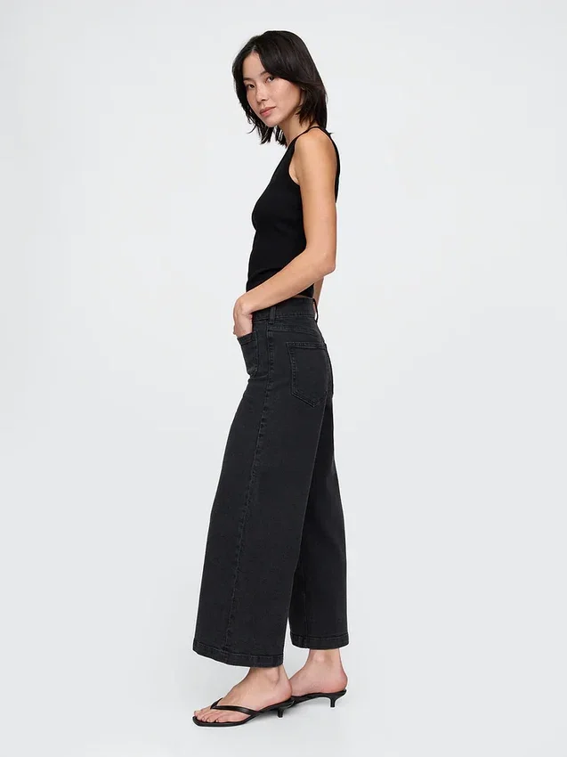 Jeans met hoge taille, wijde pijpen en enkellengte