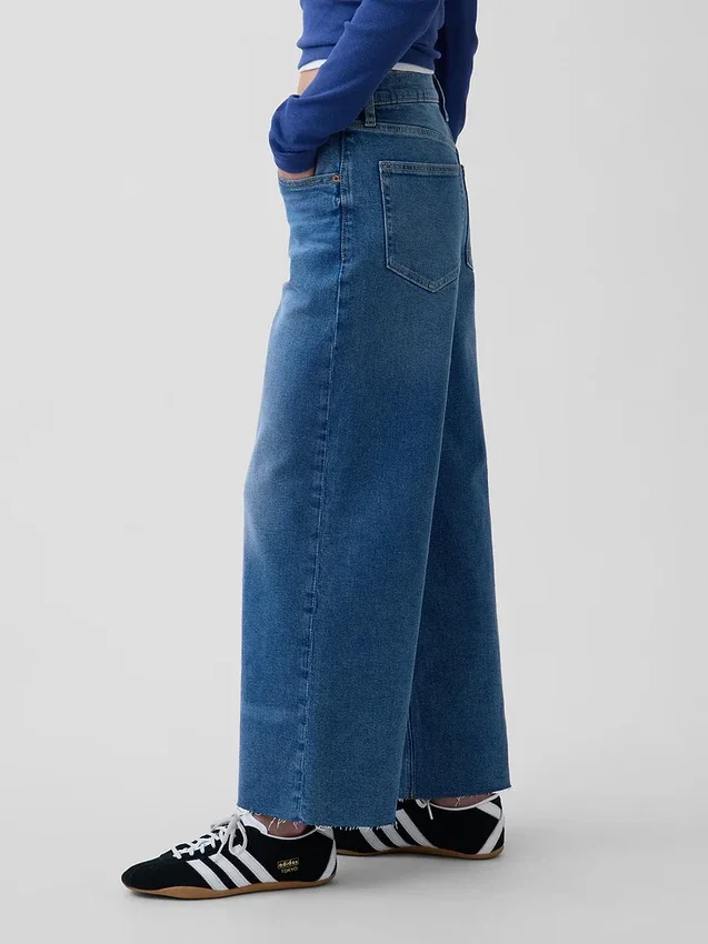 Jeans met hoge taille, wijde pijpen en enkellengte