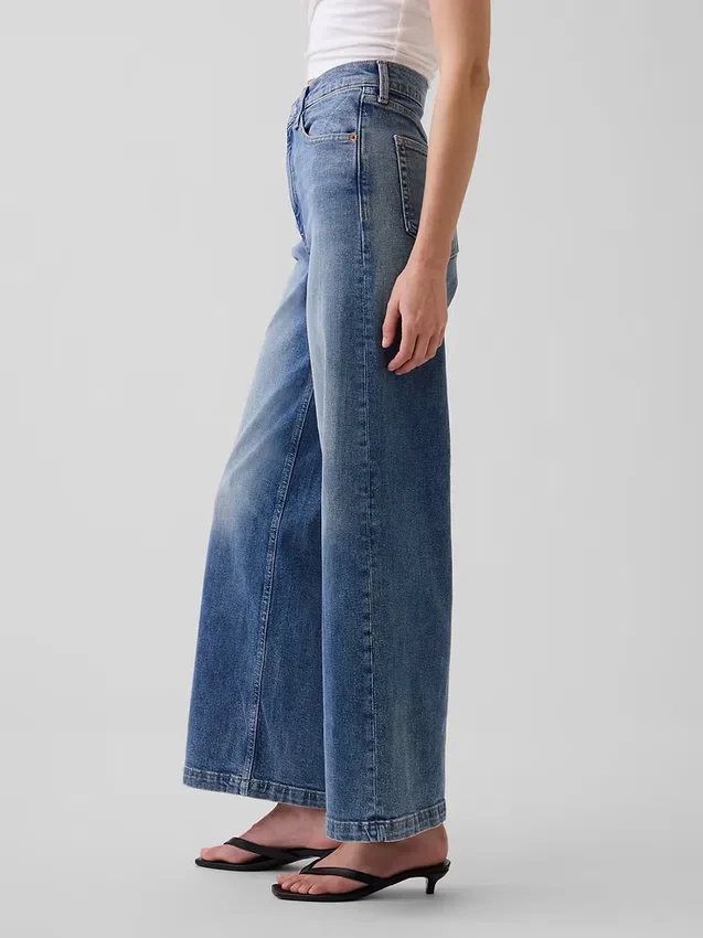 Jeans met hoge taille, wijde pijpen en enkellengte