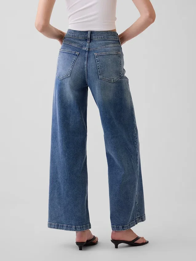 Jeans met hoge taille, wijde pijpen en enkellengte
