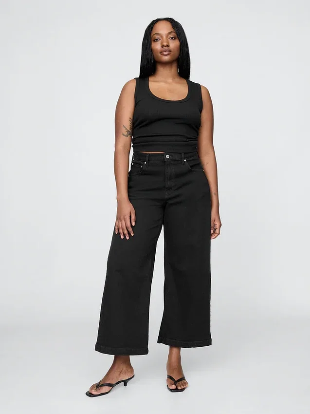 Jeans met hoge taille, wijde pijpen en enkellengte