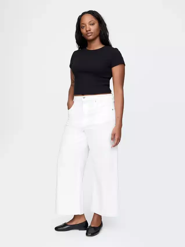 Jeans met hoge taille, wijde pijpen en enkellengte