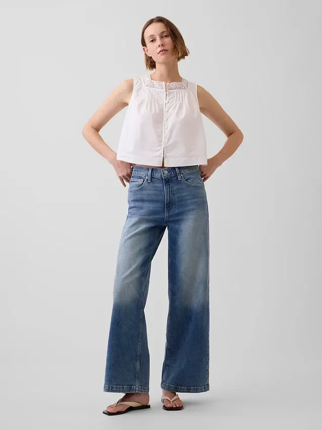 Jeans met hoge taille, wijde pijpen en enkellengte