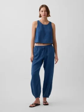 Joggingbroek van katoenen gaasdenim met wijd uitlopende pijpen