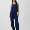 Joggingbroek van katoenen gaasdenim met wijd uitlopende pijpen