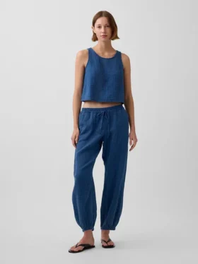 Joggingbroek van katoenen gaasdenim met wijd uitlopende pijpen