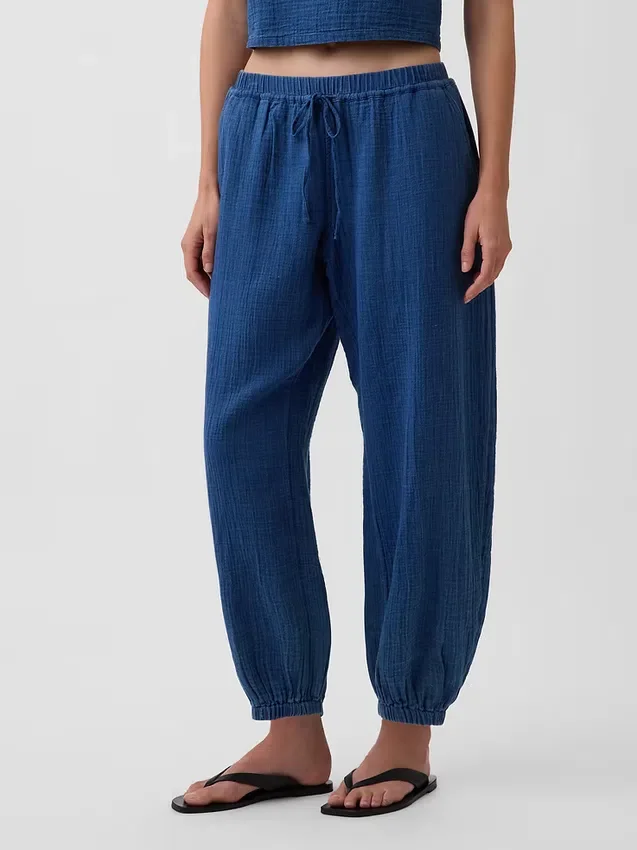 Joggingbroek van katoenen gaasdenim met wijd uitlopende pijpen