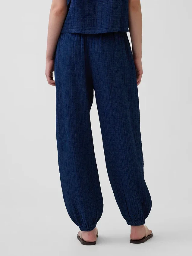 Joggingbroek van katoenen gaasdenim met wijd uitlopende pijpen