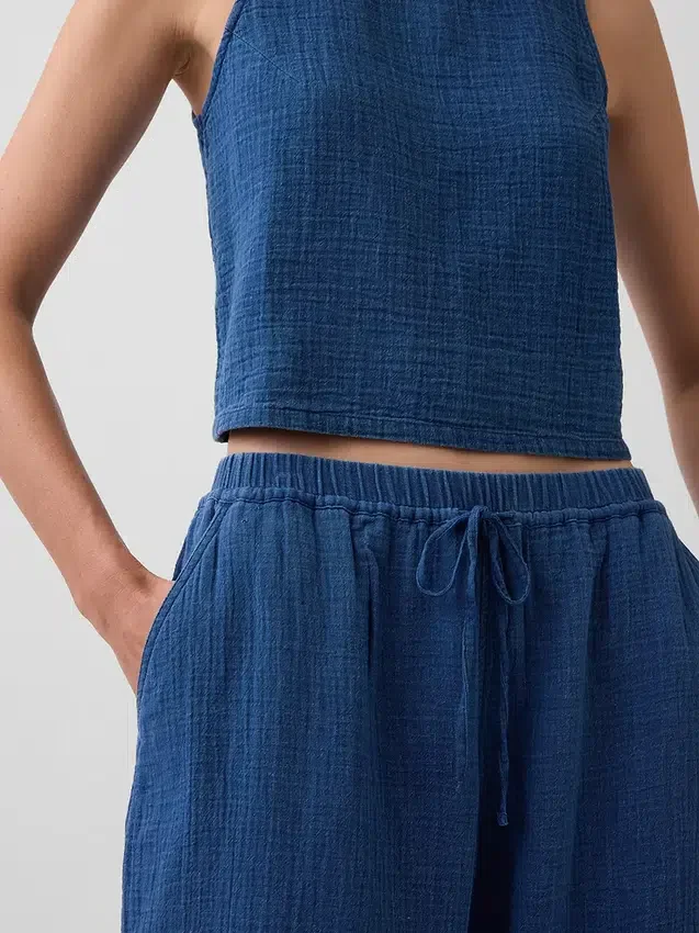 Joggingbroek van katoenen gaasdenim met wijd uitlopende pijpen