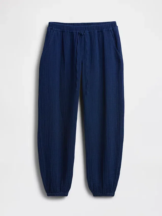 Joggingbroek van katoenen gaasdenim met wijd uitlopende pijpen