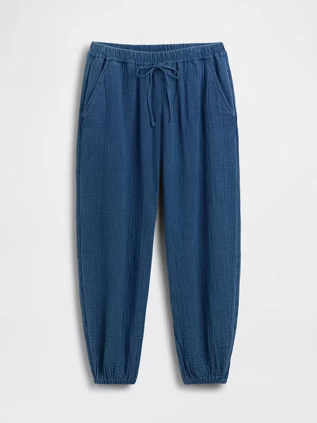 Joggingbroek van katoenen gaasdenim met wijd uitlopende pijpen