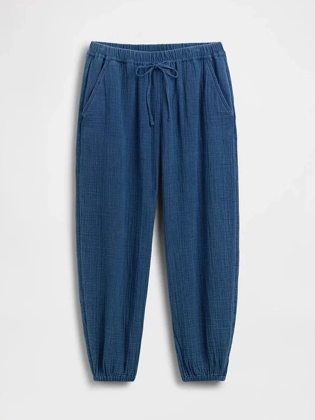 Joggingbroek van katoenen gaasdenim met wijd uitlopende pijpen