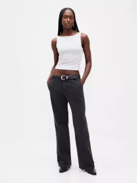 Kaki broek met lage taille en relaxte flare