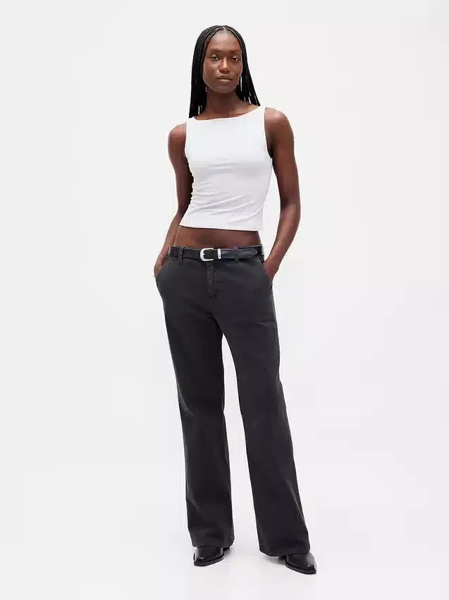 Kaki broek met lage taille en relaxte flare