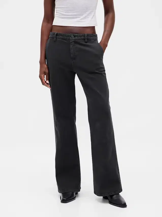 Kaki broek met lage taille en relaxte flare