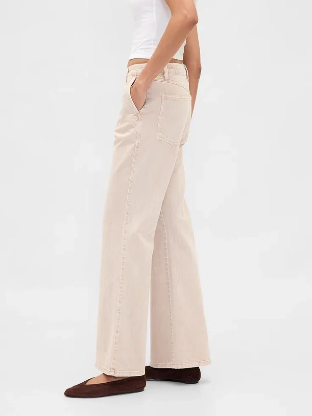 Kaki broek met lage taille en relaxte flare