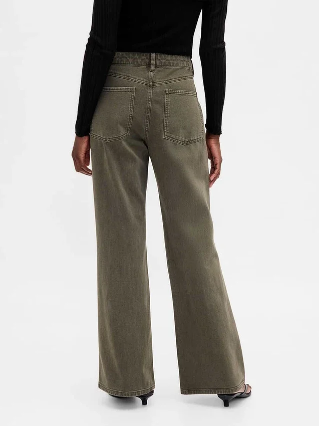 Kaki broek met lage taille en relaxte flare