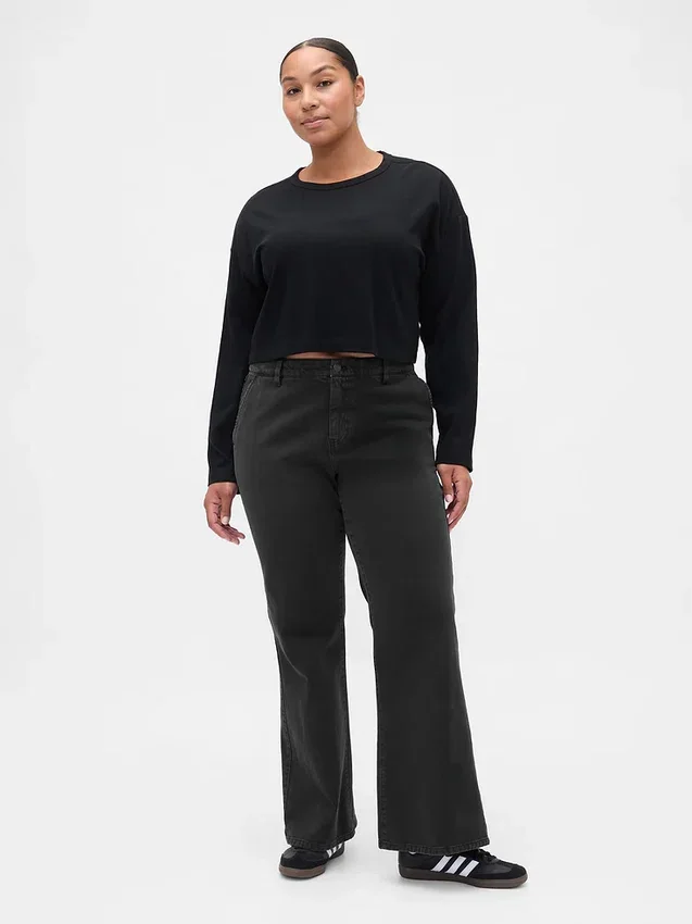 Kaki broek met lage taille en relaxte flare