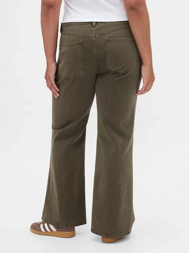 Kaki broek met lage taille en relaxte flare