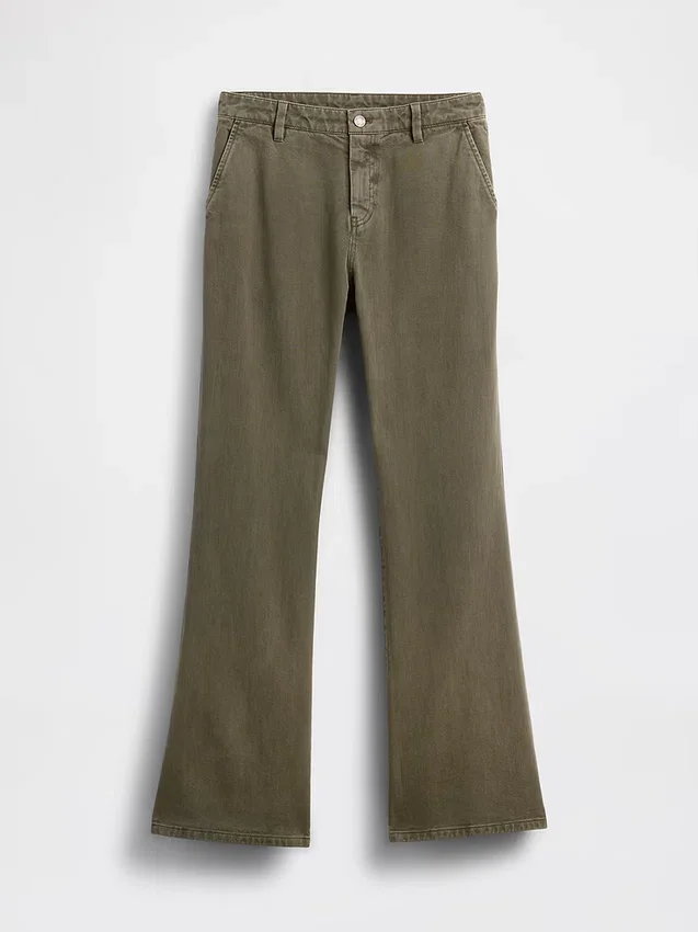 Kaki broek met lage taille en relaxte flare