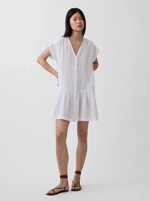 Katoenen gaas shirtjurk met lage taille