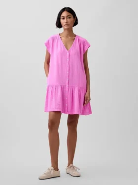 Katoenen gaas shirtjurk met lage taille