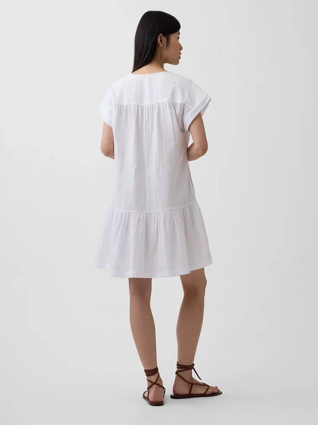 Katoenen gaas shirtjurk met lage taille