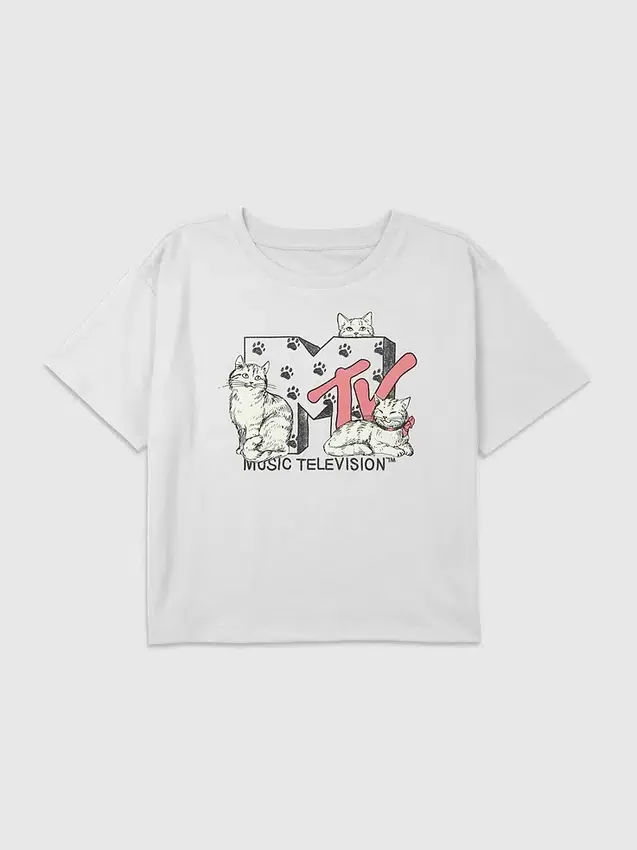Kinder-T-shirt met MTV-kattenprint, boxy crop-model