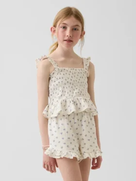 Kinder-top van katoenen gaas met smockwerk en peplum
