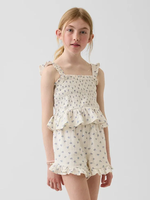 Kinder-top van katoenen gaas met smockwerk en peplum