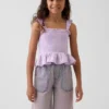 Kinder-top van katoenen gaas met smockwerk en peplum