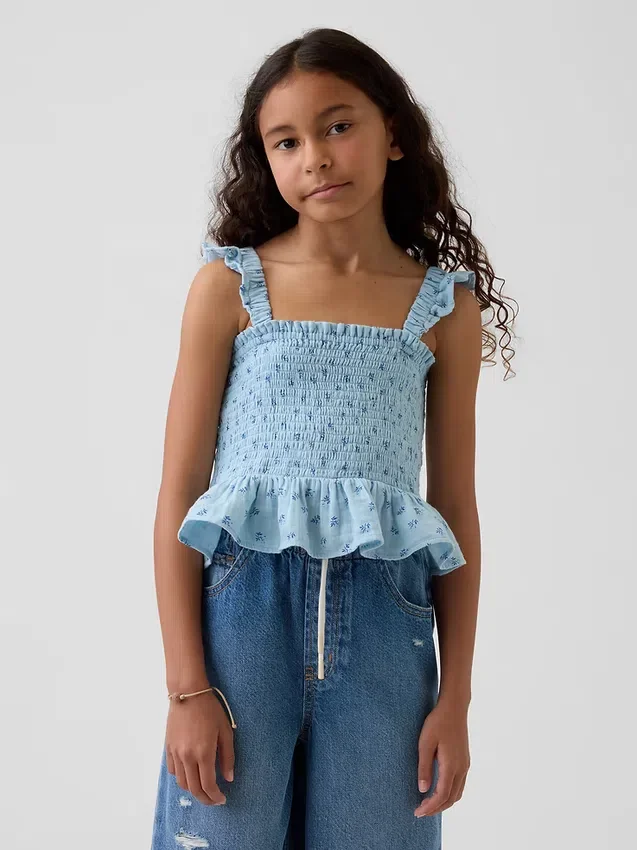 Kinder-top van katoenen gaas met smockwerk en peplum