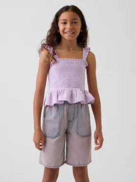 Kinder-top van katoenen gaas met smockwerk en peplum