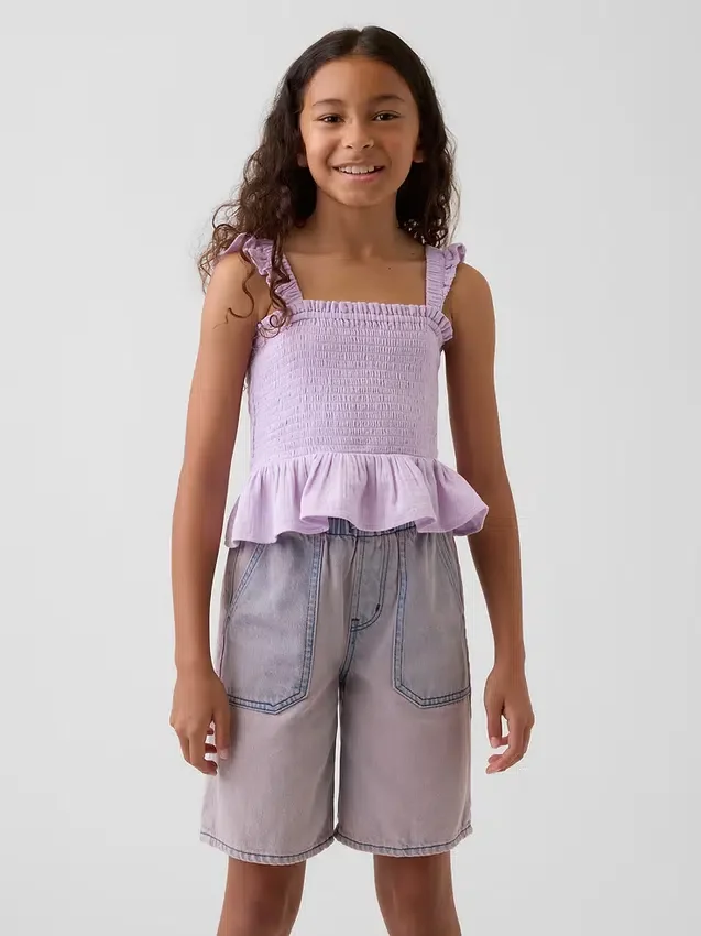 Kinder-top van katoenen gaas met smockwerk en peplum