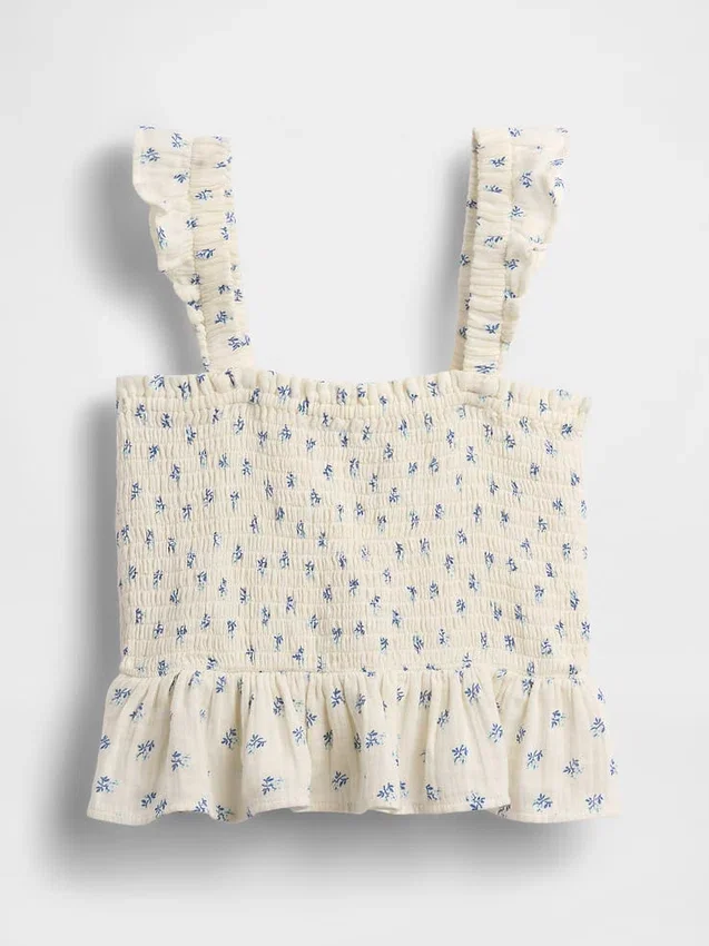 Kinder-top van katoenen gaas met smockwerk en peplum