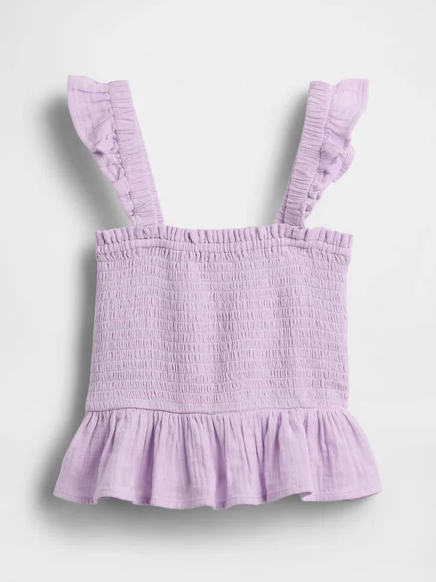 Kinder-top van katoenen gaas met smockwerk en peplum
