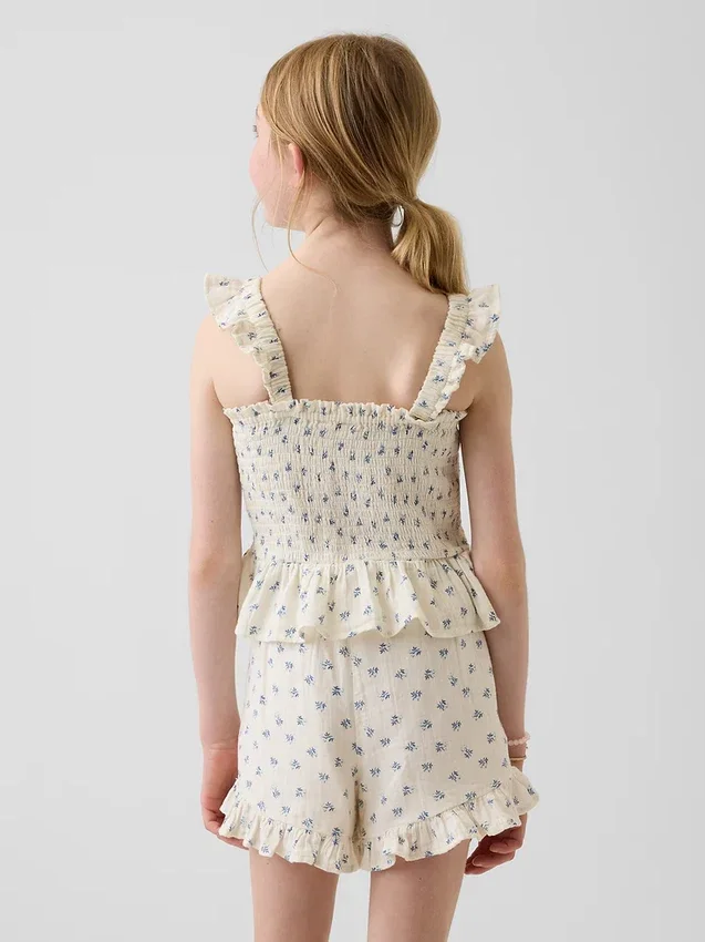 Kinder-top van katoenen gaas met smockwerk en peplum